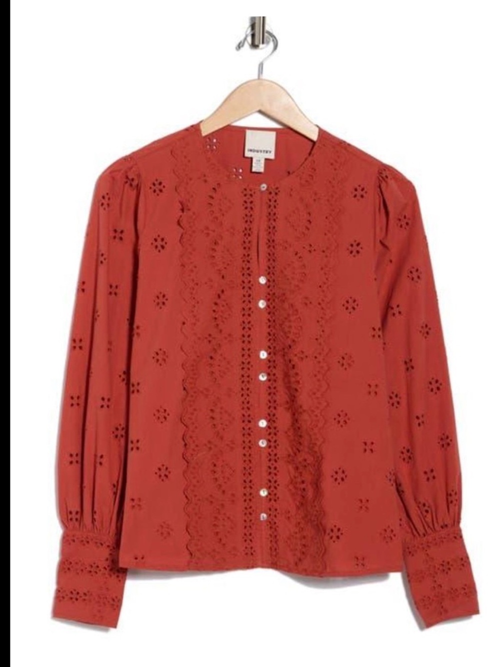 Eyelet Lace Button-Front Blouse in Rust